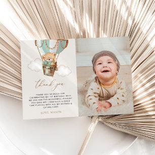 Teddy Bear, Green Hot Air Balloon, First Birthday Thank You Card