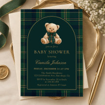 Teddy Bear Green Plaid Baby Shower Invitation