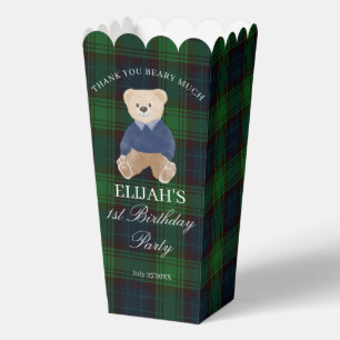 Teddy bear green plaid birthday party favor custom box