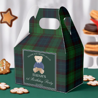 Teddy bear green plaid birthday party favour custo favor box