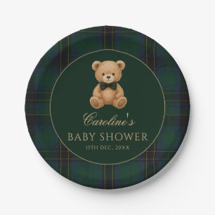 Teddy Bear Green Tartan Baby Shower Paper Plates