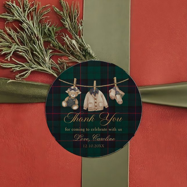 Teddy Bear Green Tartan Baby Shower Sticker (Creator Uploaded)