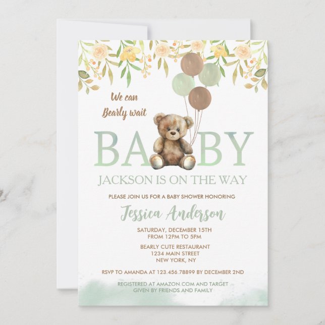 Teddy Bear Green Unisex invitation à la douche béb (Devant)