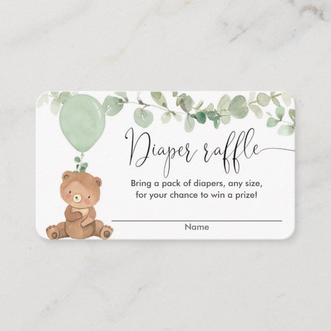 Teddy bear greenery baby shower diaper raffle card (Front)