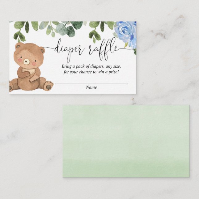 Teddy bear greenery blue floral boy diaper raffle enclosure card (Front/Back)
