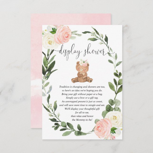 Teddy bear greenery pink floral display shower enclosure card (Front/Back)