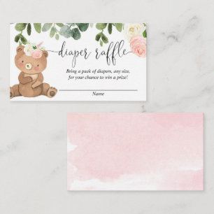 Teddy bear greenery pink floral girl diaper raffle enclosure card