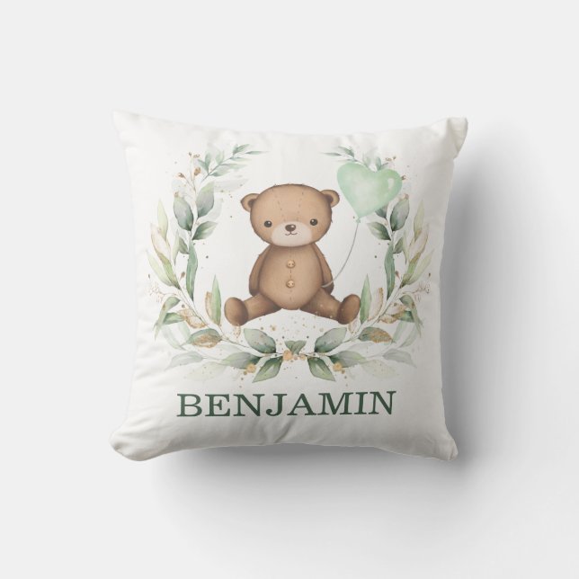 Teddy Bear Greenery Wreath Balloon Boy Nursery  Throw Pillow (Front)