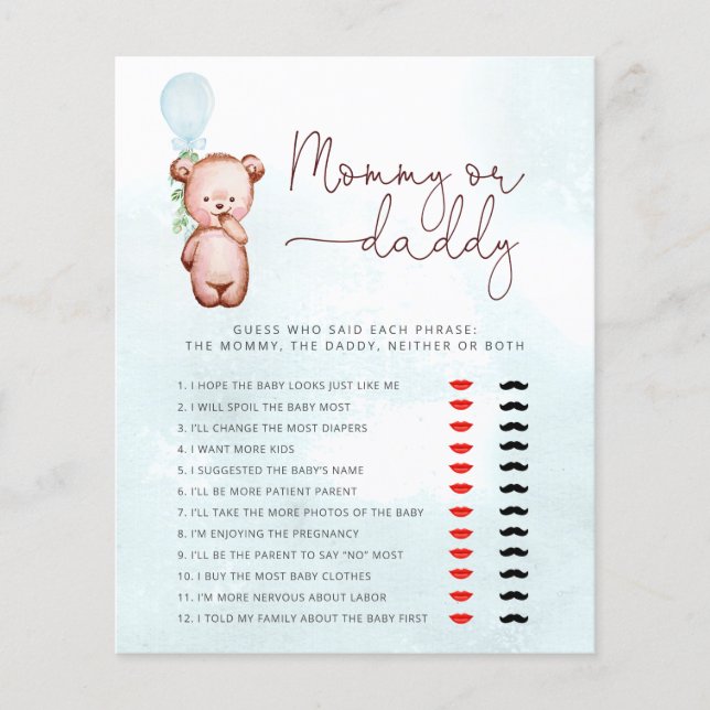 Teddy Bear Guess Who Said It Mommy or Daddy Game (Front)