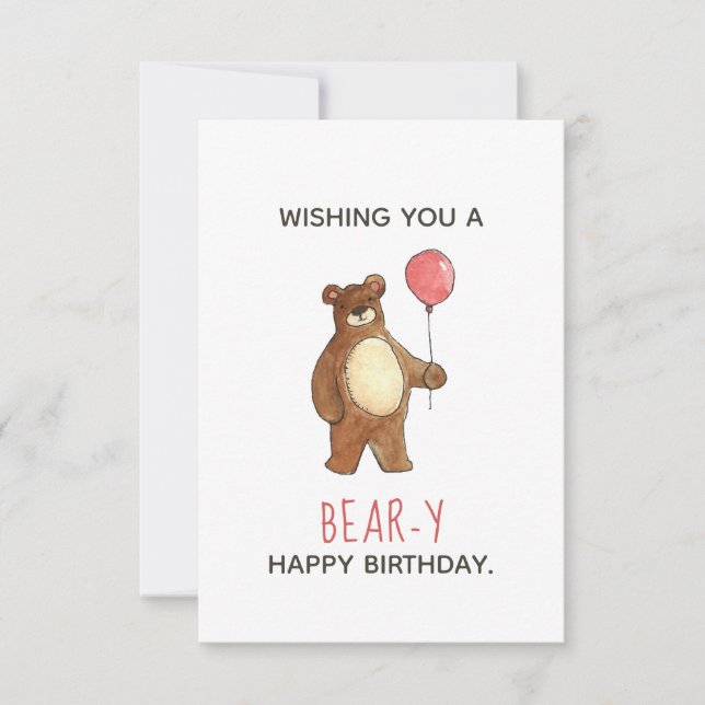 Teddy Bear Happy Birthday Red Balloon Flat Card (Front)