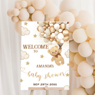 Teddy Bear Holding Balloons Gold Beige Welcome Poster