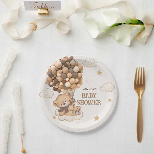 Teddy Bear Holding Brown Balloons Baby Shower Paper Plate (Wedding)