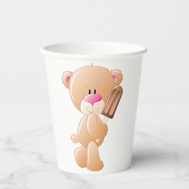 Teddy Bear Holding Chocolate Ice Cream Popsicle Paper Cups (Front)