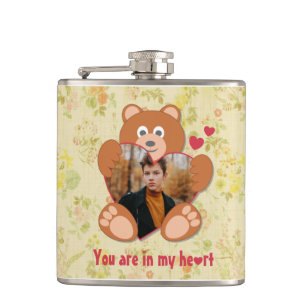 Teddy Bear Holding Heart Photo Valentine's Day Hip Flask