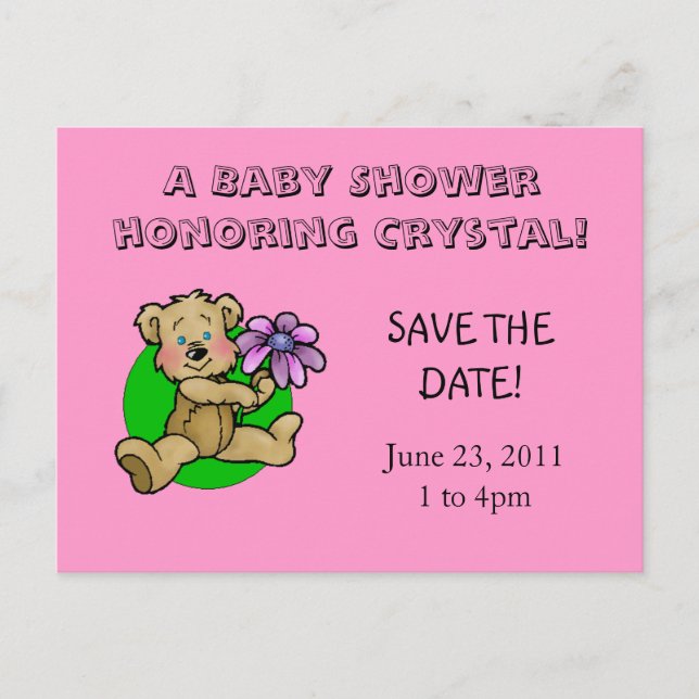 Teddy bear holding purple daisy save the date announcement postcard (Front)