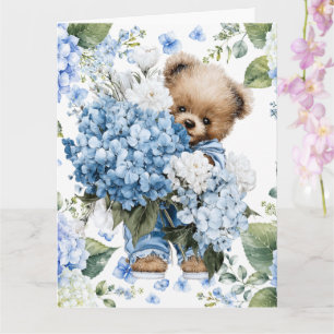 Teddy Bear Holds Hydrangea Flowers Card