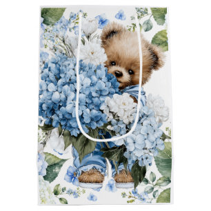 Teddy Bear Holds Hydrangea Flowers Medium Gift Bag