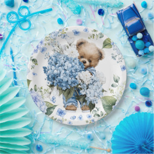 Teddy Bear Holds Hydrangea Flowers Paper Plate