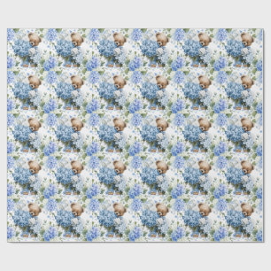 Teddy Bear Holds Hydrangea Flowers Wrapping Paper