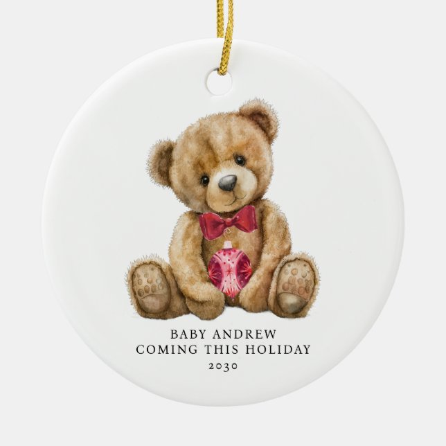 Teddy Bear Holiday Baby Announcement Keepsake Ceramic Ornament (Front)