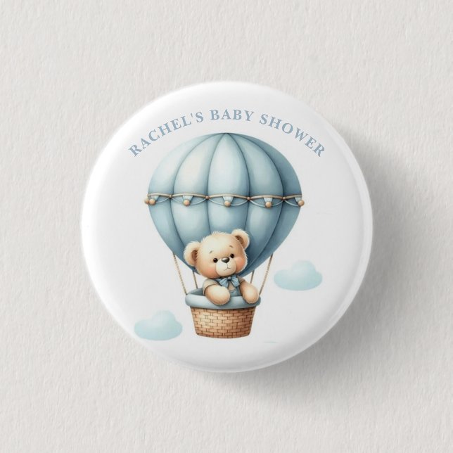 Teddy Bear Hot Air Balloon Baby Shower Button (Front)