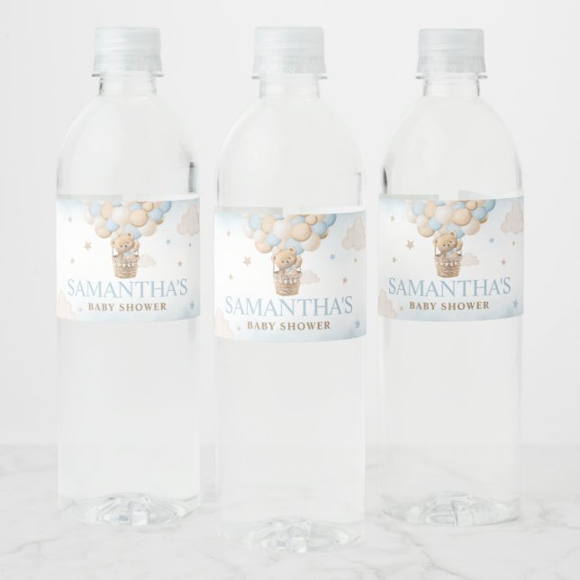 Teddy Bear Hot Air Balloon Baby Shower  Water Bottle Label (Bottles)