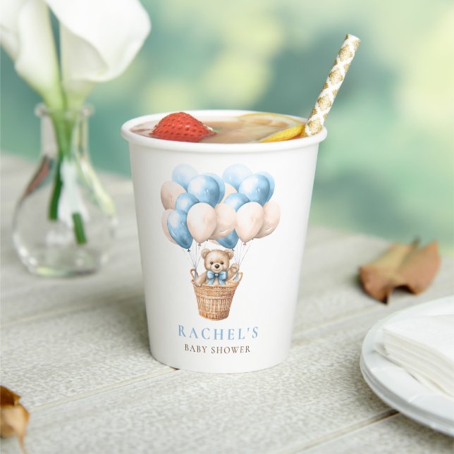 Teddy Bear Hot Air Balloon Blue Boy Baby Shower Paper Cups (Insitu)