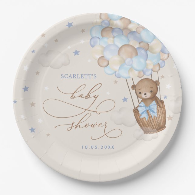 Teddy Bear Hot Air Balloon Blue Brown Baby Shower Paper Plate (Front)