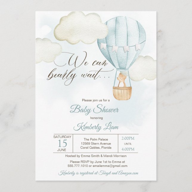 Teddy Bear Hot Air Balloon Boy Baby Shower Invitation (Front)