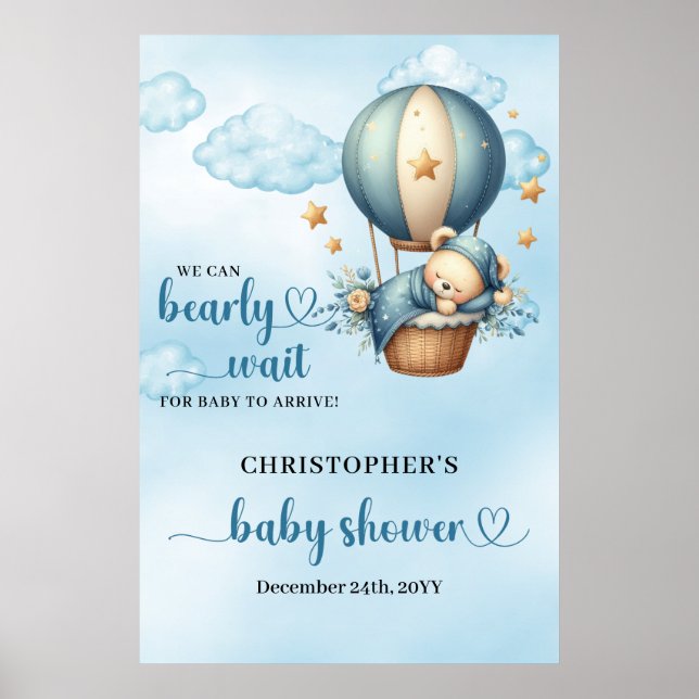 Teddy bear hot air balloon boy baby shower welcome poster (Front)