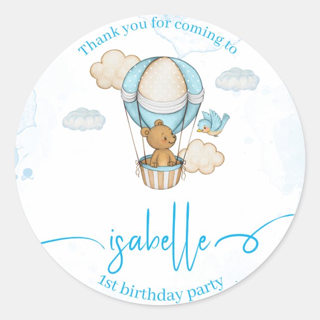 Teddy Bear Hot Air Balloon girl birthday sticker  (Front)