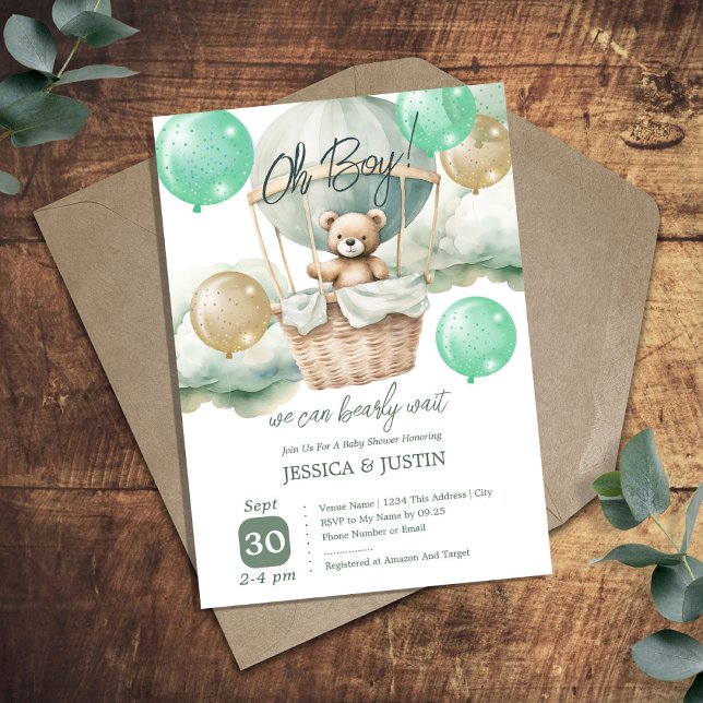 Teddy Bear Hot Air Balloon Green Baby Shower Invitation (Creator Uploaded)