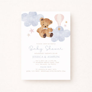 Teddy Bear & Hot Air Balloon Watercolor Baby Showe Invitation