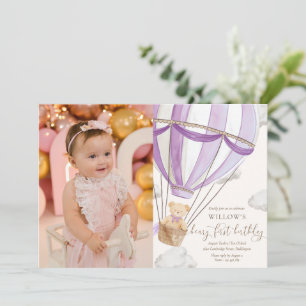 Teddy Bear Hot Hair Balloon First Birthday Photo Invitation