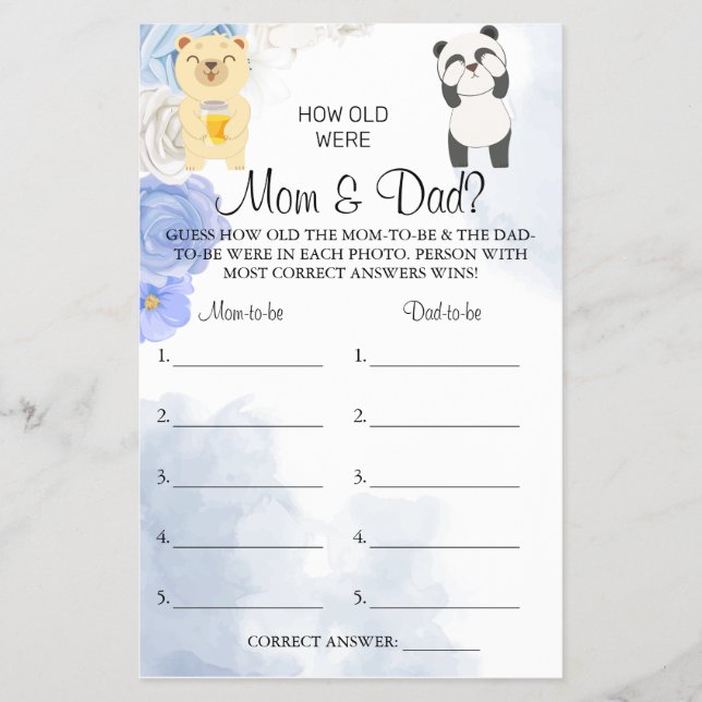 Teddy Bear How old were Mom & Dad shower game card (Front)