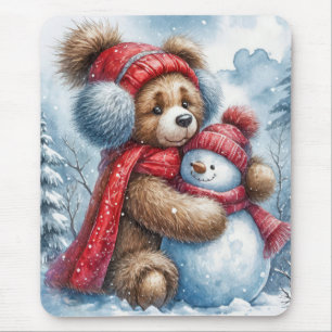 Teddy Bear Hugging a Snowman Mouse Pad