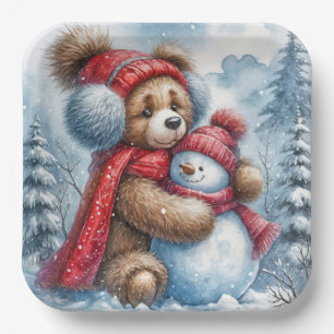 Teddy Bear Hugging a Snowman Paper Plate