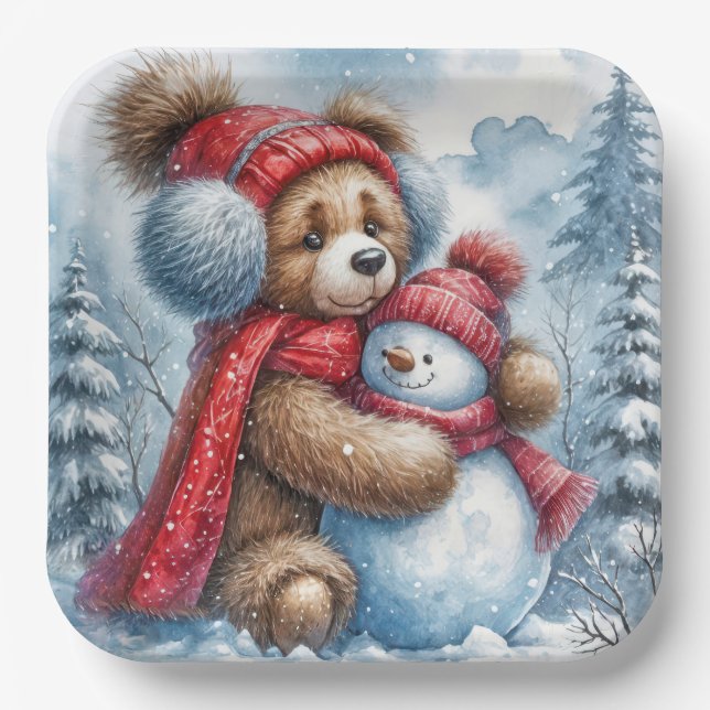 Teddy Bear Hugging a Snowman Paper Plate (Front)