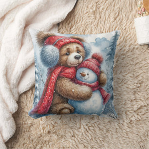 Teddy Bear Hugging a Snowman Throw Pillow