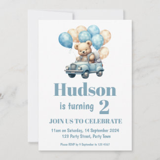 Teddy Bear in a Car Birthday Party Invitation