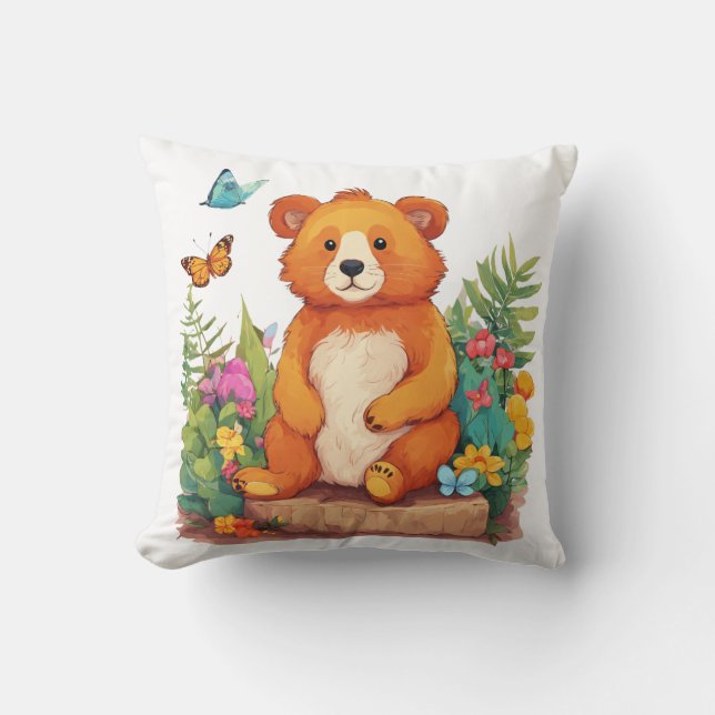 Teddy Bear in a Magical Garden Throw Pillow (Front)