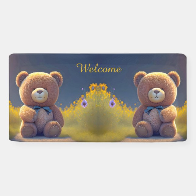 Teddy bear in a meadow, cute baby shower  banner (Horizontal)