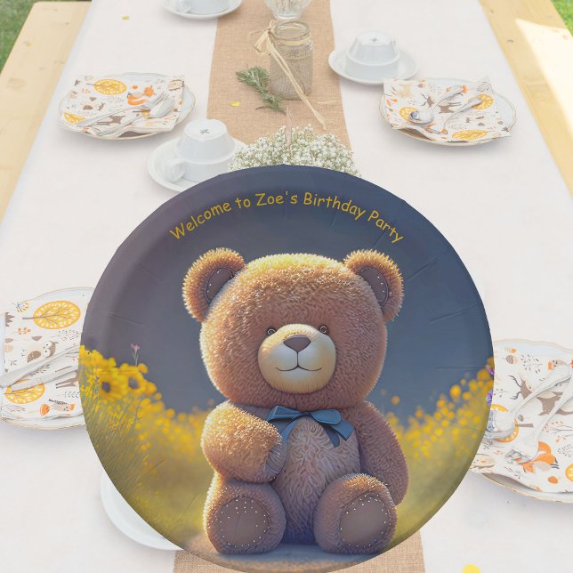 Teddy bear in a meadow, cute custom  paper plate (Creator Uploaded)
