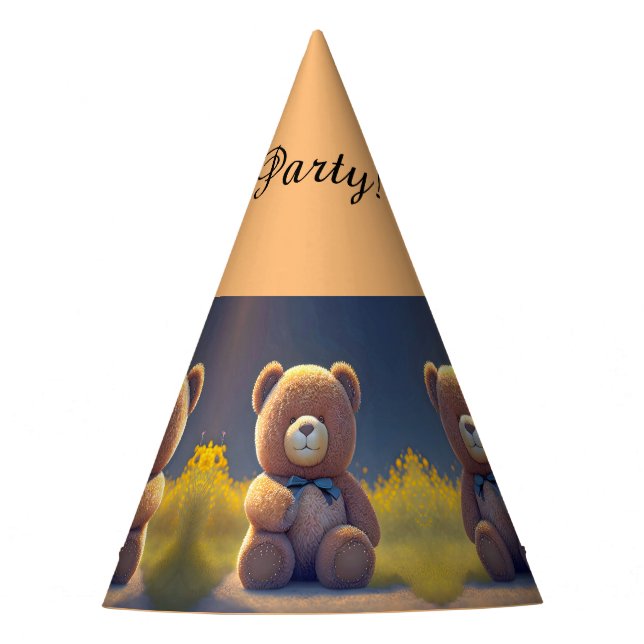 Teddy bear in a meadow, cute kids any age birthday party hat (Front)