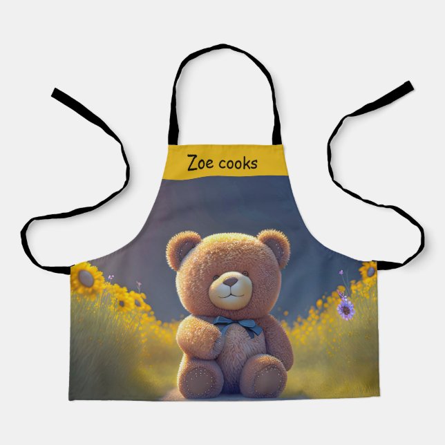 Teddy bear in a meadow, cute kids apron (Front)