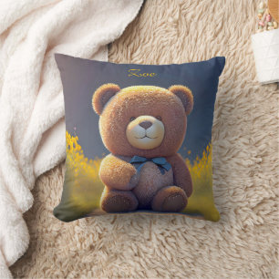 Teddy bear in a meadow, cute kids throw pillow