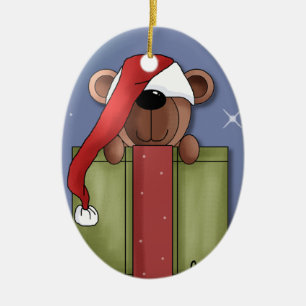 Teddy Bear in a Red Stocking Cap Ceramic Ornament