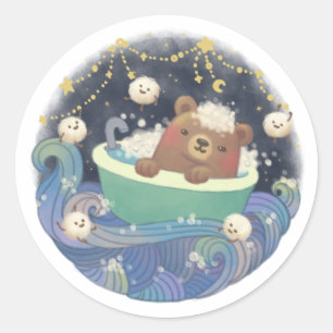 Teddy Bear in Bathtub Boat with Fluffy Monsters Classic Round Sticker