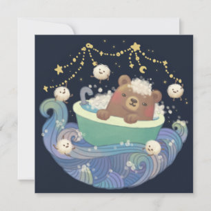 Teddy Bear in Bathtub Boat with Fluffy Monsters Holiday Card