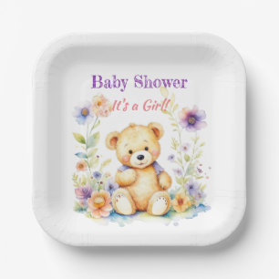 Teddy Bear in Flowers Girl's Baby Shower Paper Plate
